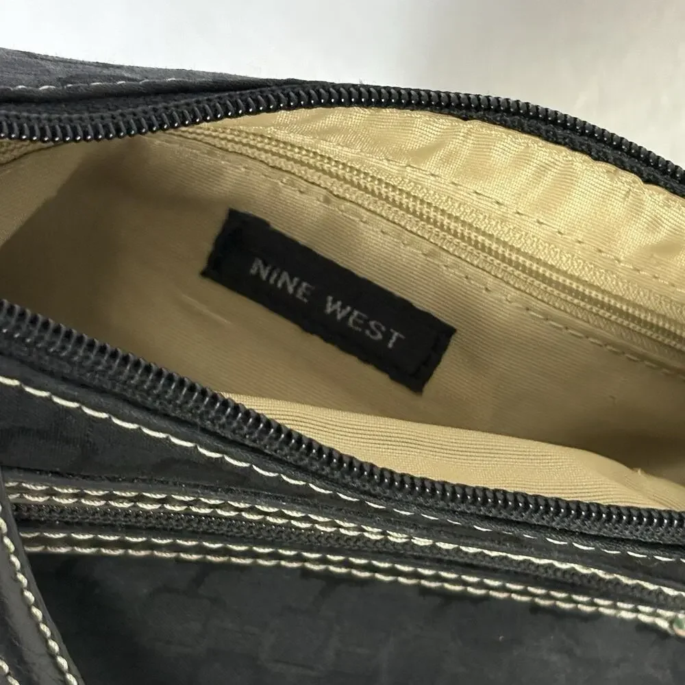 Vintage Y2k Nine West Micro Baguette Bag Canvas Faux Leather Handle Black